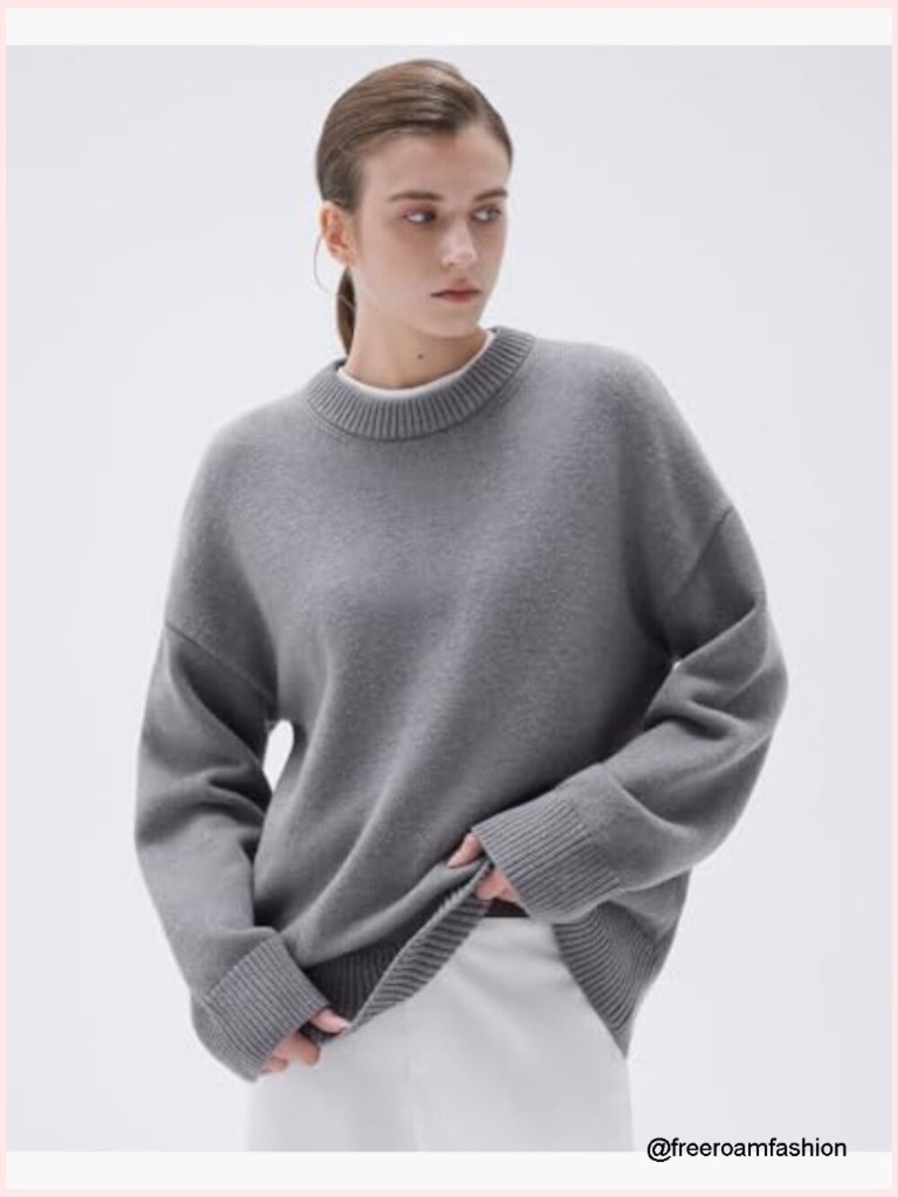 Oversized Cashmere Blend Crew Neck Long Sleeve Pullover Sweater - Picture 2 of 7